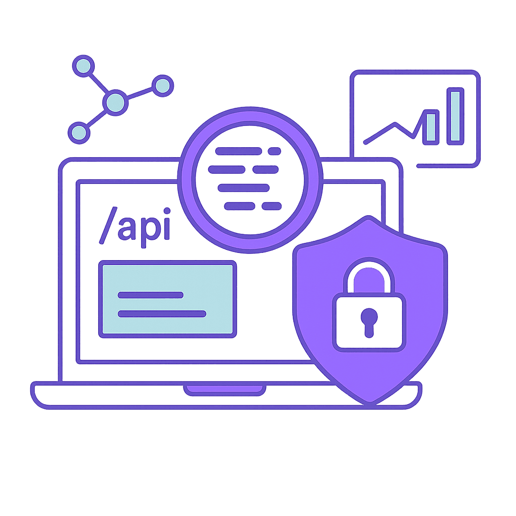 API security scan illustration showing a laptop with API endpoint testing, encrypted data locks, and vulnerability analytics.