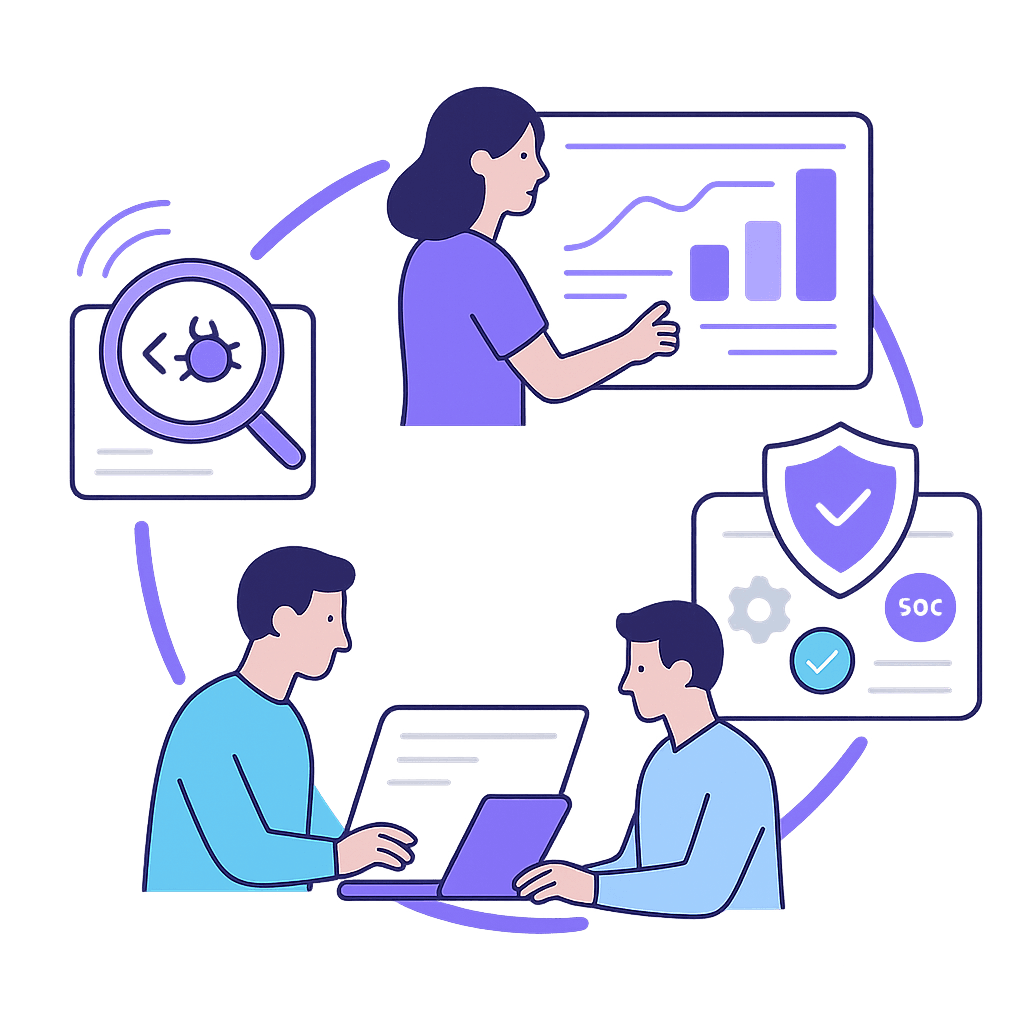 Illustration of a cybersecurity workflow including bug detection, data analysis, team collaboration, and SOC monitoring.